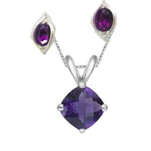 Zales Amethyst Solitaire Pendant Necklace 925 Silver Chain + Purple Stud Earring